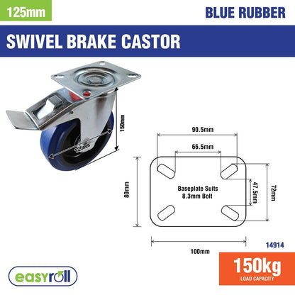 Easyroll 125mm Blue Rubber Swivel Brake Castor 150kg Load Capacity