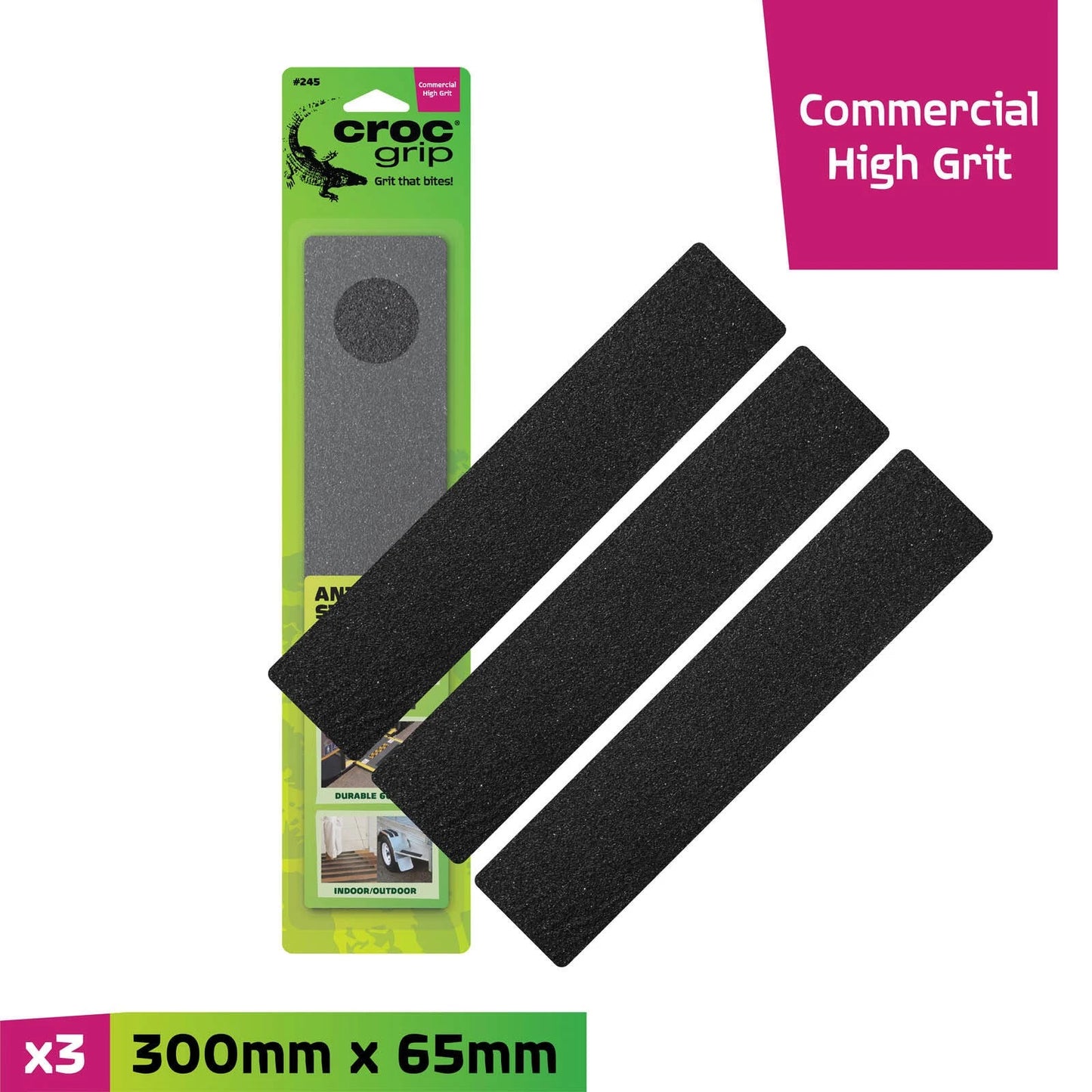 Croc Grip Black Anti-Slip Steps 3 Pcs, P5 Rated, Indoor/Outdoor, Water-Resistant, 300mm x 65mm