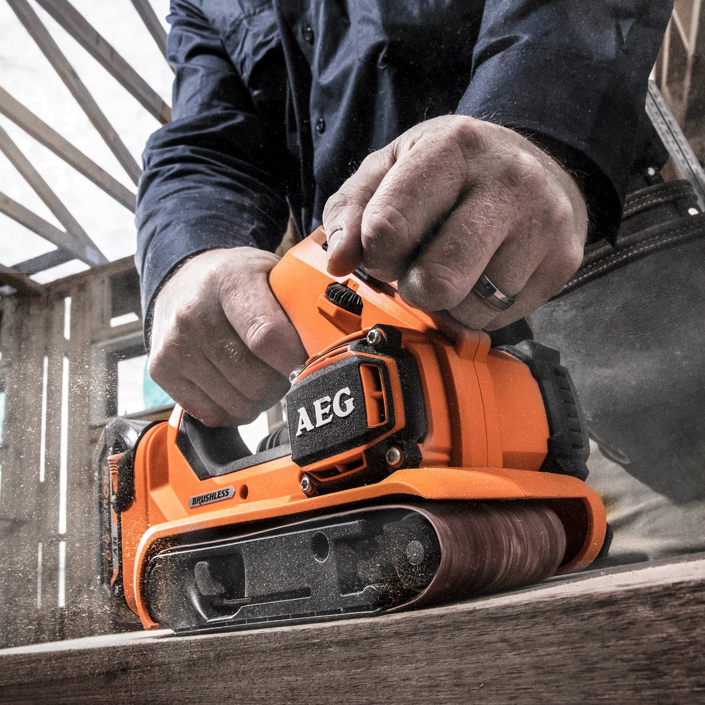 AEG 18V Brushless 75mm Belt Sander, Quick-Release, Variable Speed, Lock-On Switch