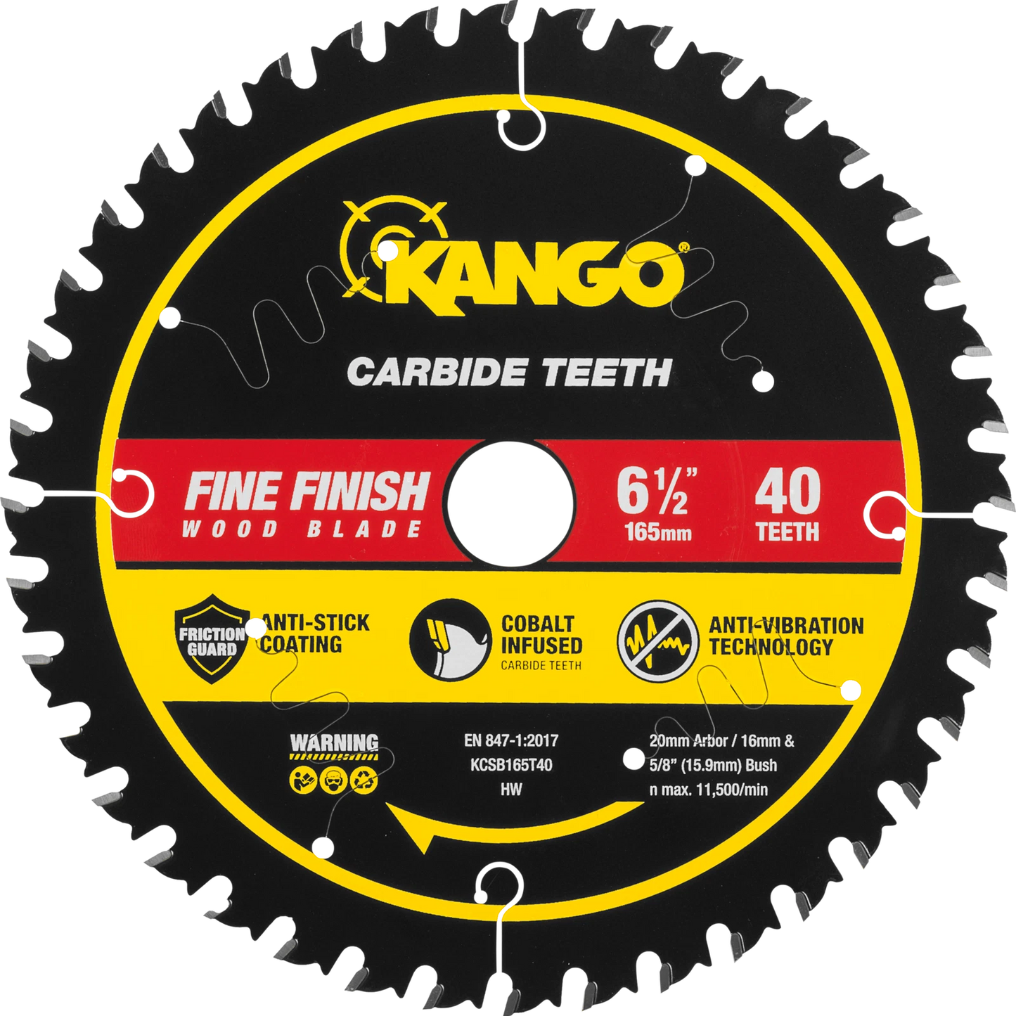 Kango 165mm 40T Wood Circular Saw Blade, Cobalt Teeth, Anti-Stick Coating, Thin Kerf Design