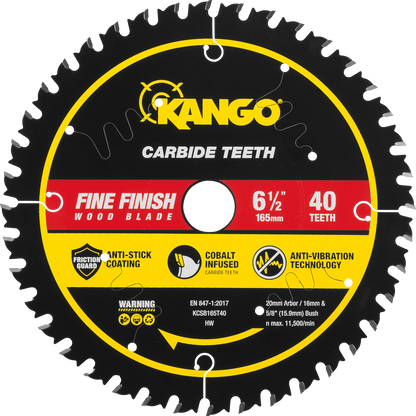 Kango 165mm 40T Wood Circular Saw Blade, Cobalt Teeth, Anti-Stick Coating, Thin Kerf Design