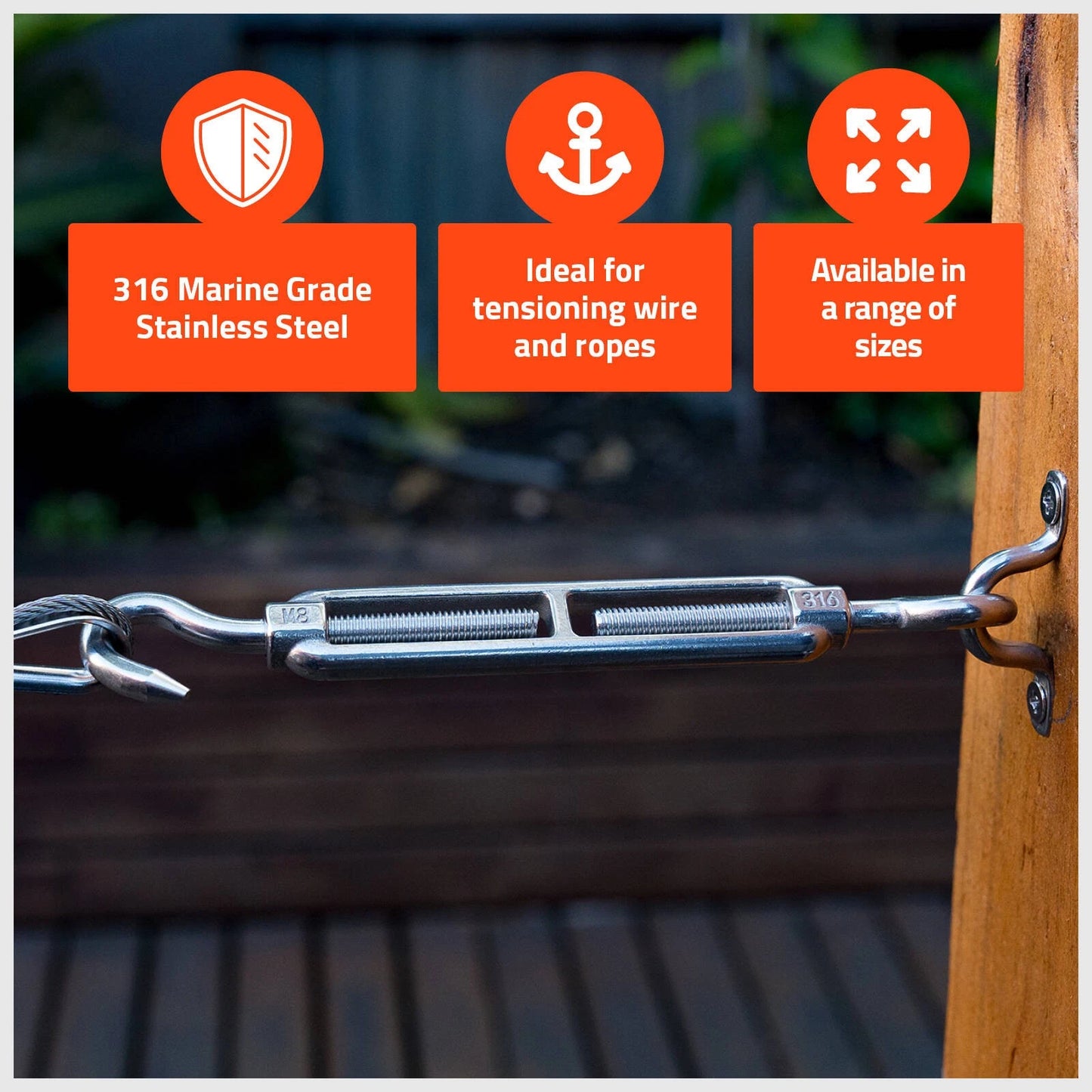 Taskmaster 8mm Marine-Grade 316 Stainless Steel Hook & Eye Turnbuckle for Rigging & Tensioning