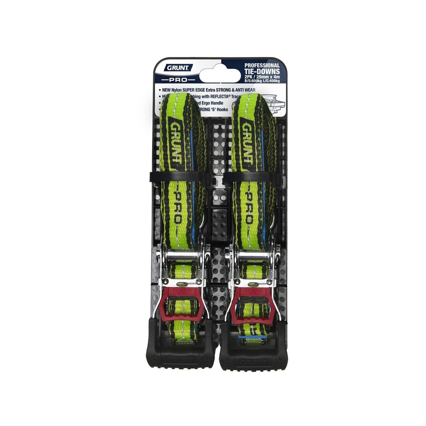 Grunt Pro 25mm x 4m Reflecta Webbing Ratchet Tie Down - 2 Pack, Chrome Finish