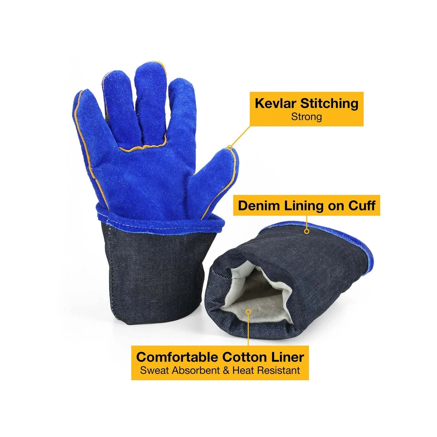 Bossweld 16" Blue Welding Gloves - Heavy Duty, Fully Lined, Extra Length, Premium Leather