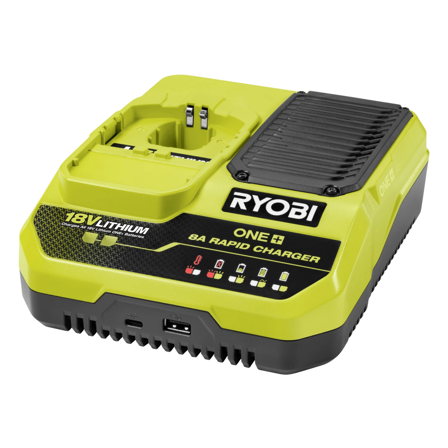 Ryobi 18V ONE+ 8A Rapid Charger with USB Ports, Wall Mountable, Fast Charging