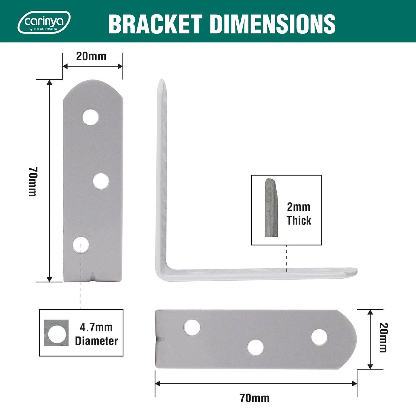 Carinya White Reinforcing Angle Bracket 70x70x20mm 8 Pack - Durable, Easy Install