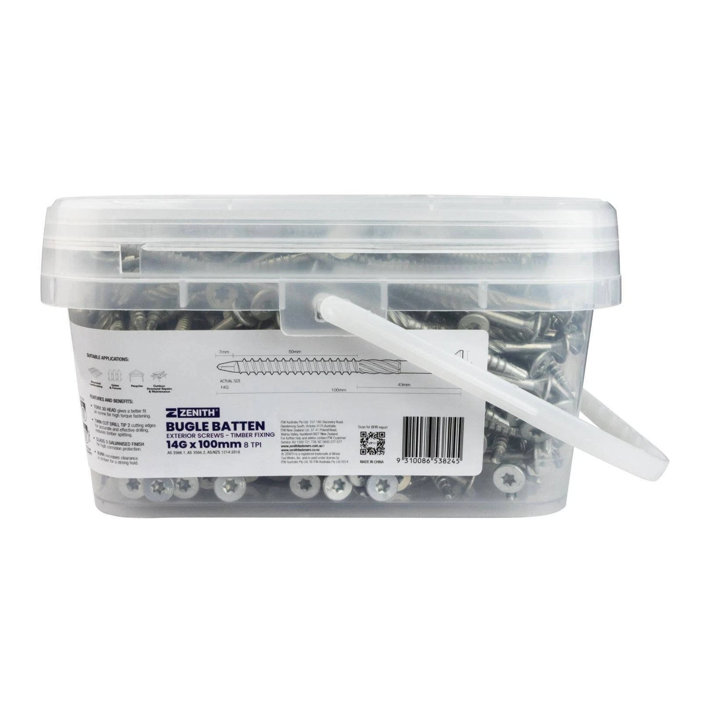 ZENITH 14G Galvanised Bugle Batten Screws 8x100mm 500 Pack - TORX 30, Twin Cut, Outdoor Use