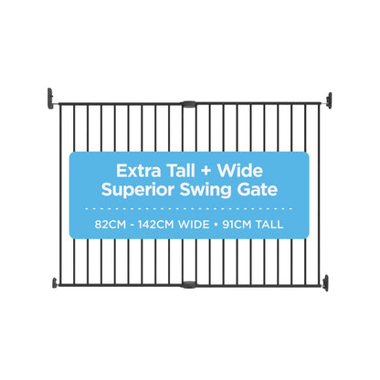 Perma Child Safety Extra Tall & Wide Swing Gate, Black, Adjustable 82-142cm, Steel, Secure Lock