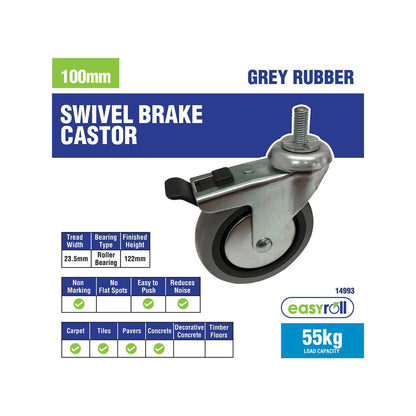 Easyroll 100mm Grey Rubber Swivel Castor with Brake, 55kg Load, Indoor Use