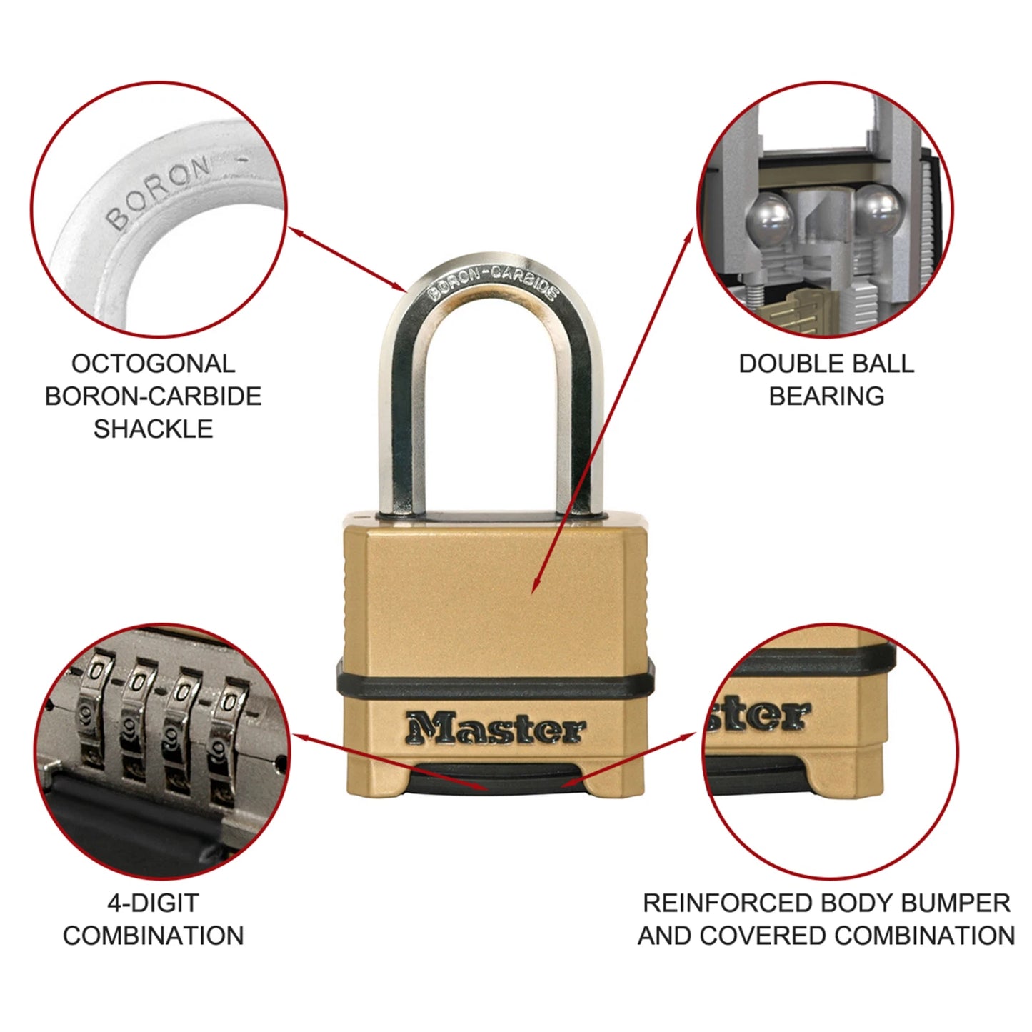 Master Lock 56mm Excell Resettable Combo Padlock, Zinc Body, Boron Carbide Shackle