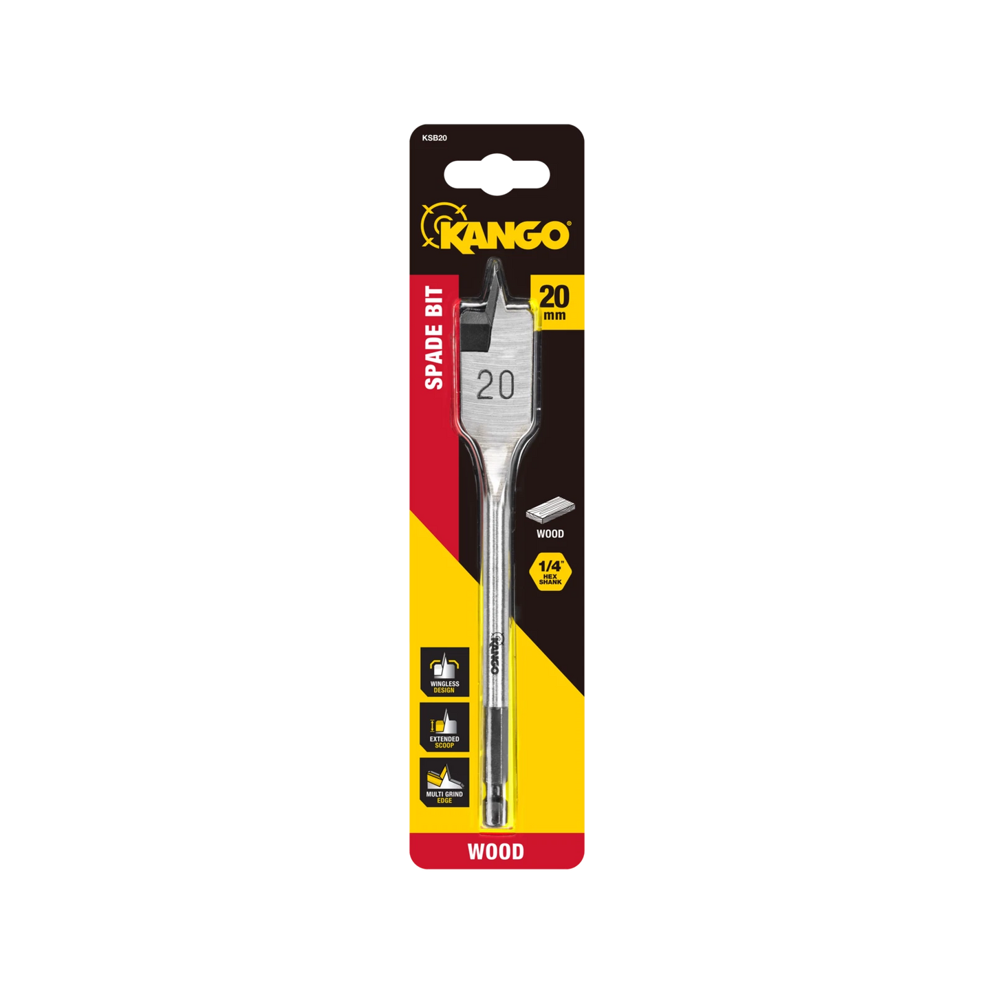 Kango 20mm Spade Bit, Wingless Design, ¼” Hex Shank, Multi Grind Edge