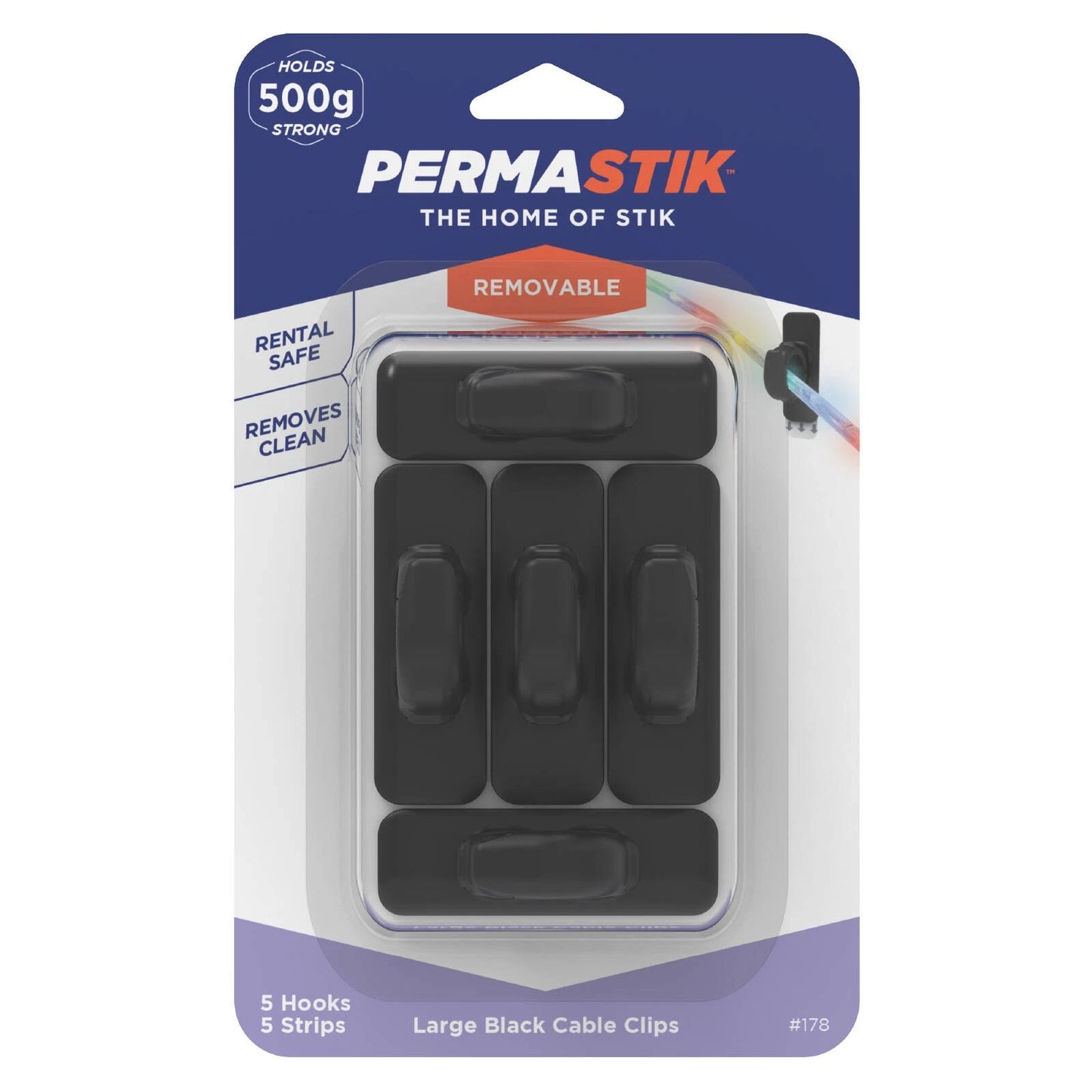 Permastik Large Black Cable Clips 5 Pack - Strong Hold, Self-Adhesive, Easy Removal