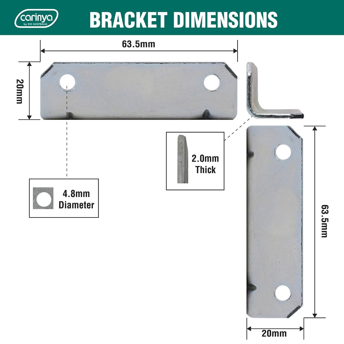 Carinya Zinc Plated Steel Angle Bracket 63.5x20x20mm 4 Pack - Indoor/Outdoor Use