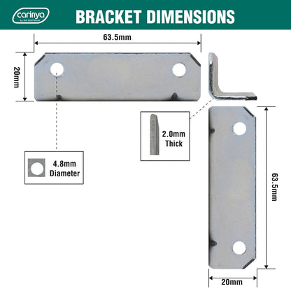 Carinya Zinc Plated Steel Angle Bracket 63.5x20x20mm 4 Pack - Indoor/Outdoor Use