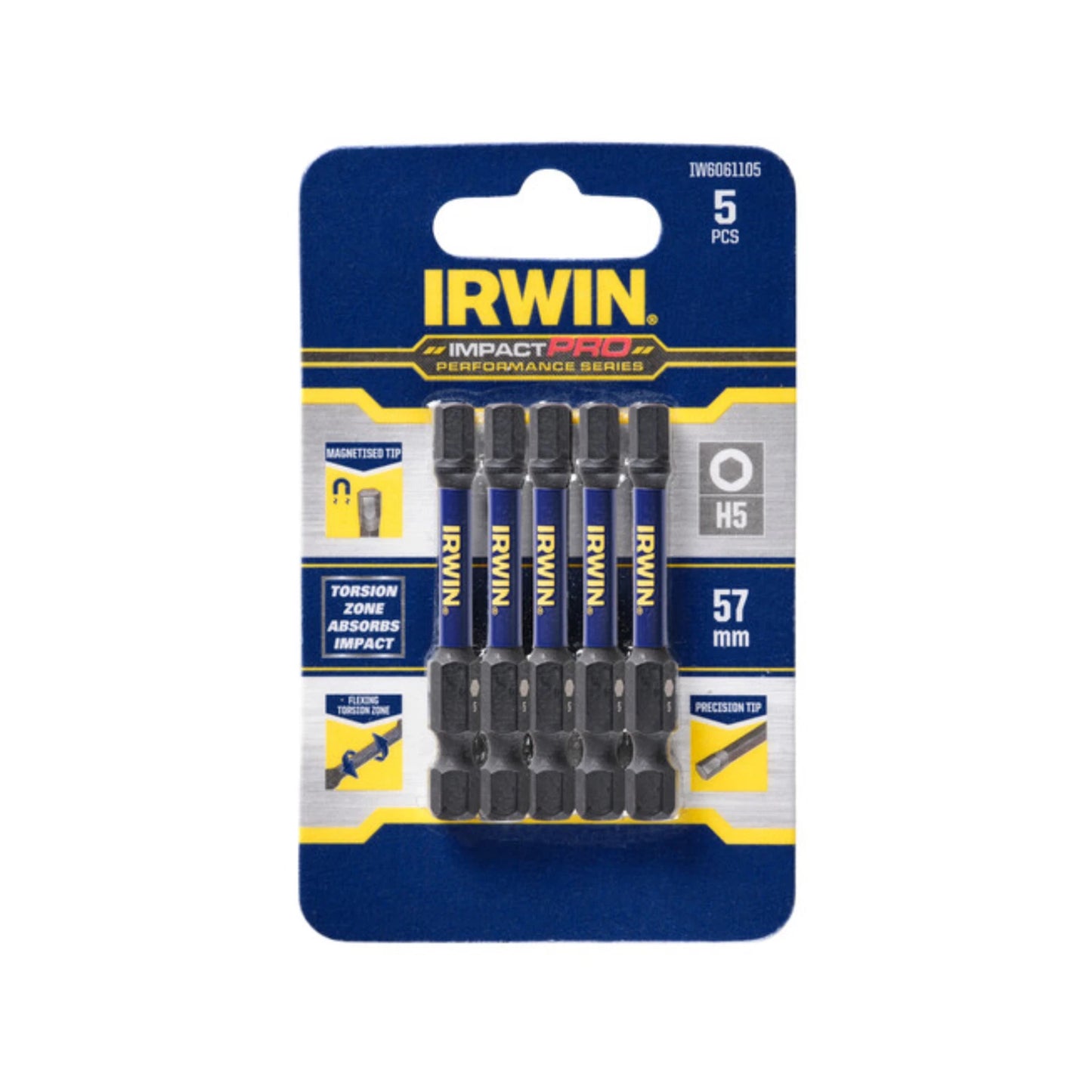IRWIN 57mm Impact Pro Hex Bits 5 Pack - Full Fitment, Magnetised Tips, Optimized Flex Zone
