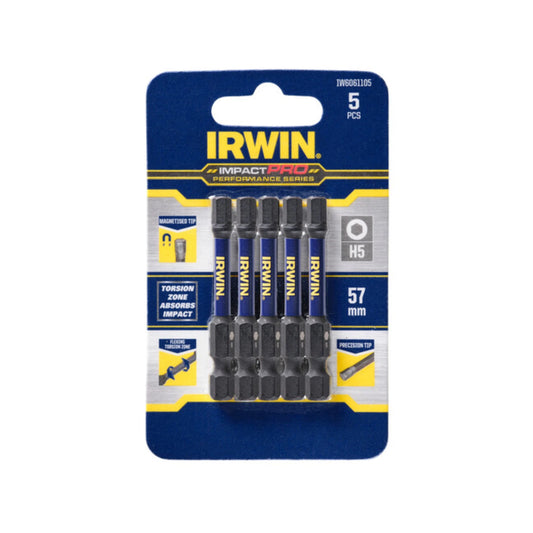 IRWIN 57mm Impact Pro Hex Bits 5 Pack - Full Fitment, Magnetised Tips, Optimized Flex Zone