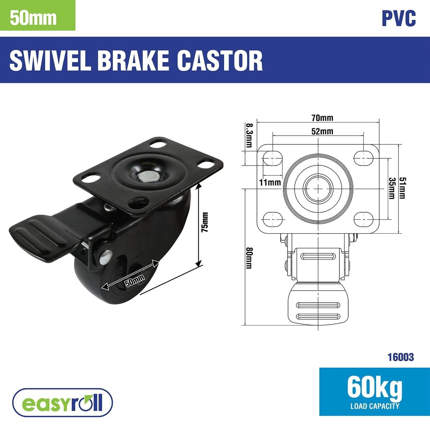 Easyroll 50mm Black PVC Swivel Castor with Brake, 60kg Load Capacity, Indoor/Outdoor Use