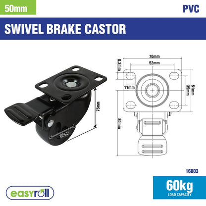 Easyroll 50mm Black PVC Swivel Castor with Brake, 60kg Load Capacity, Indoor/Outdoor Use