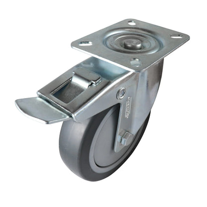 Easyroll 125mm Grey Rubber Swivel Brake Castor 100kg Heavy Duty Indoor Use