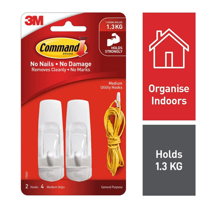 Command Medium White Adhesive Hooks 2 Pack, Damage-Free, 1.3kg Capacity, Reusable