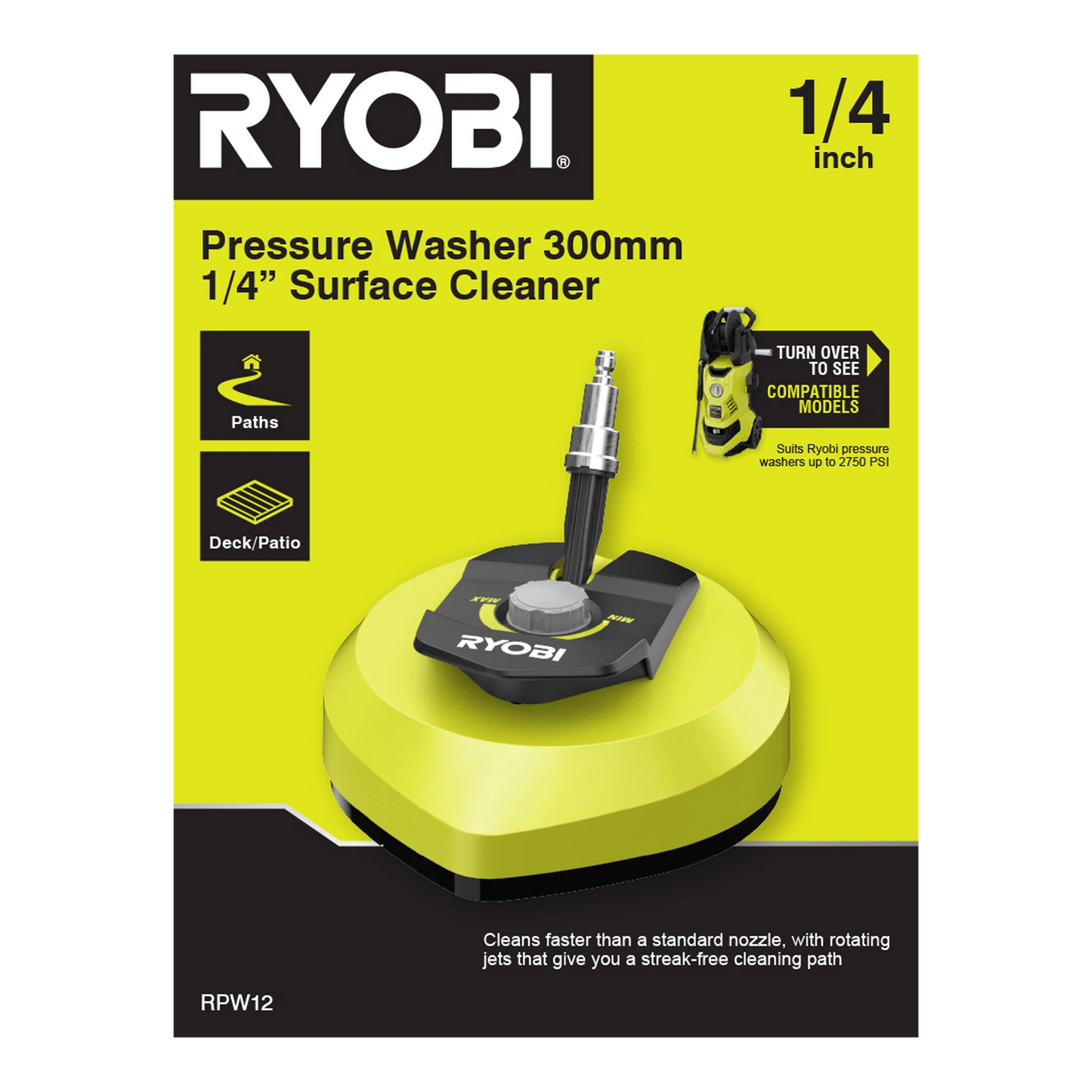 Ryobi ¼” Pressure Washer Surface Cleaner with Rotating Jets for Streak-Free Cleaning