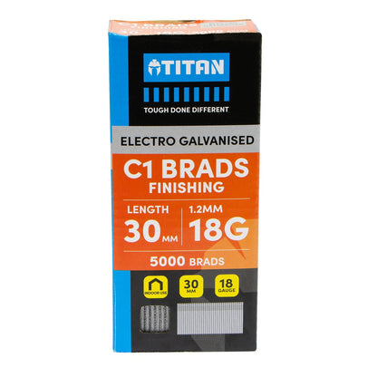 Titan 30x1.25mm Electro Galvanised C1 Brads - 5000 Pack, Corrosion Resistant, Chisel Point