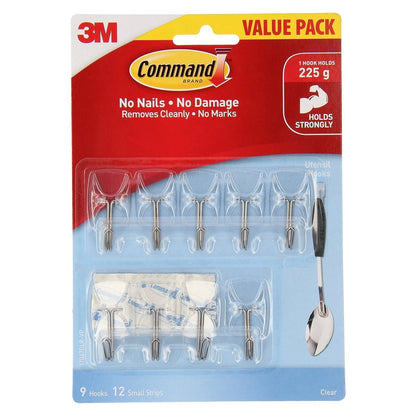 Command™ Small Clear Adhesive Utensil Hooks 9 Pack - Strong Hold, Damage-Free, Versatile Use