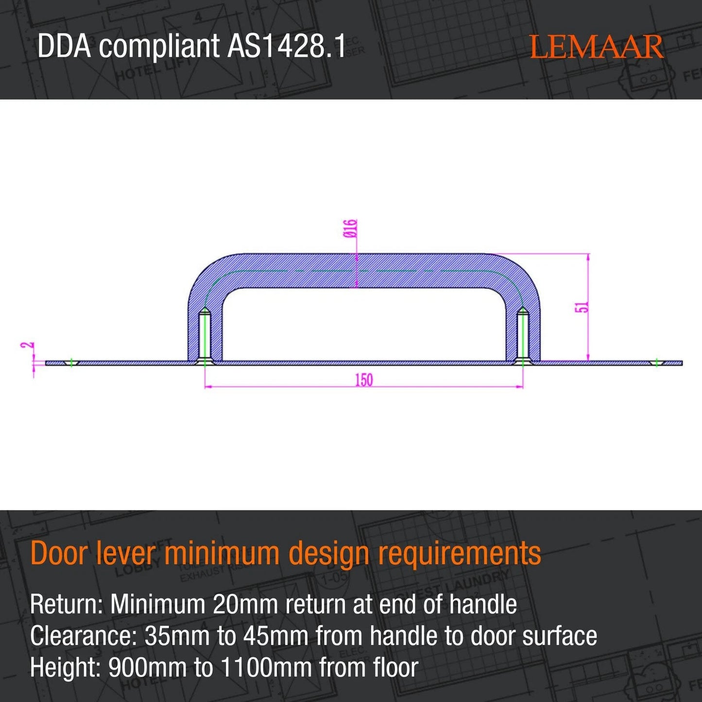 Lemaar Stainless Steel DDA D Pull on Plate 300x75mm, Satin Finish, DDA Compliant