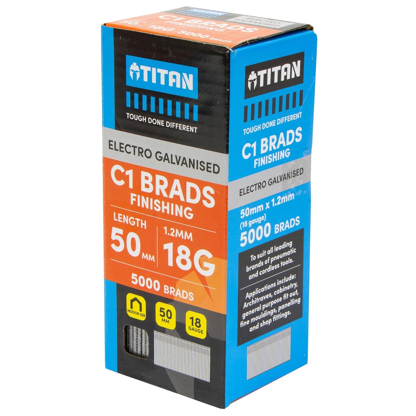 Titan 50x1.25mm Electro Galvanised Straight Collated Nail Brads - Pack of 5000