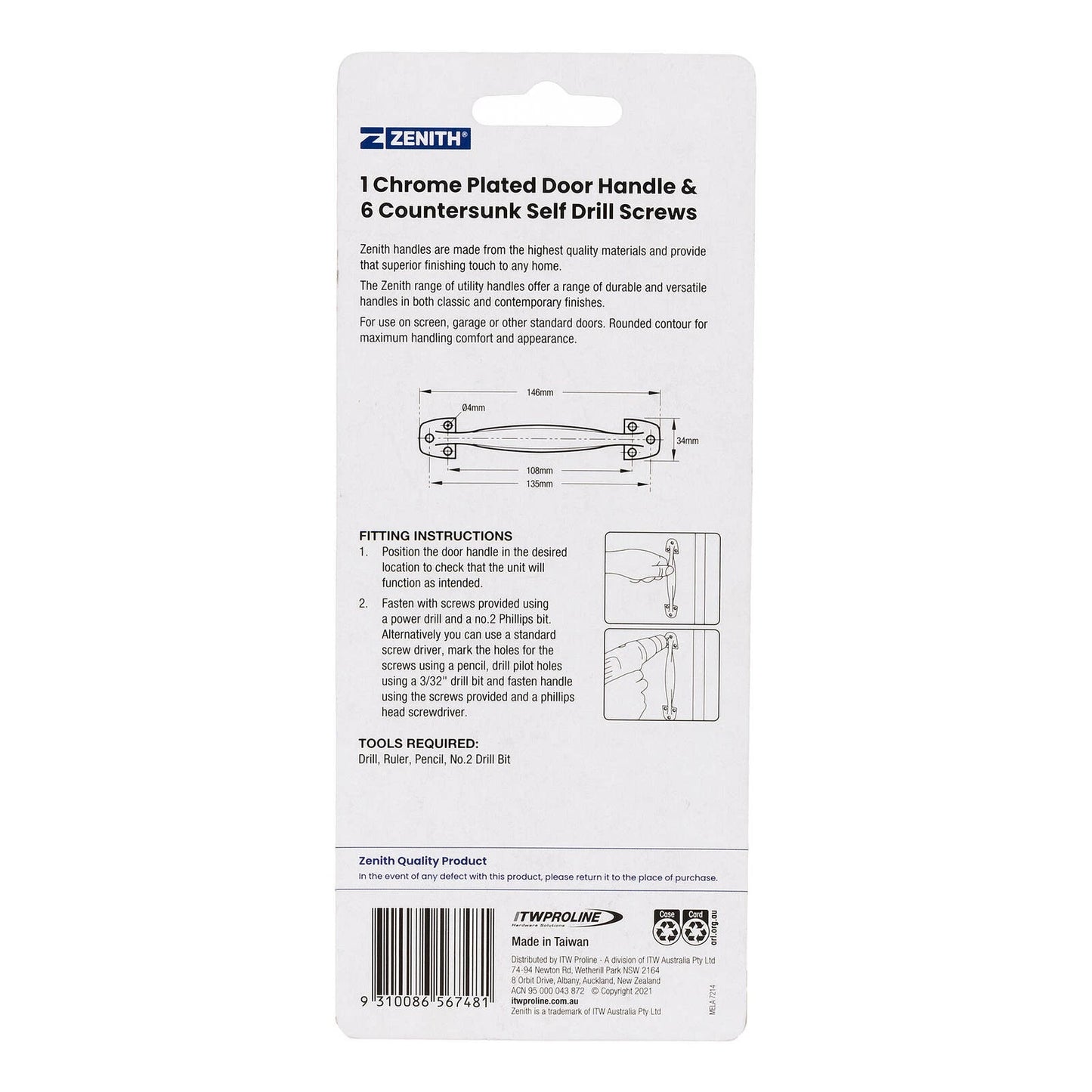 Zenith Chrome Plated Heavy Duty Door Handle 108-135mm, Polished Finish, Zinc Alloy