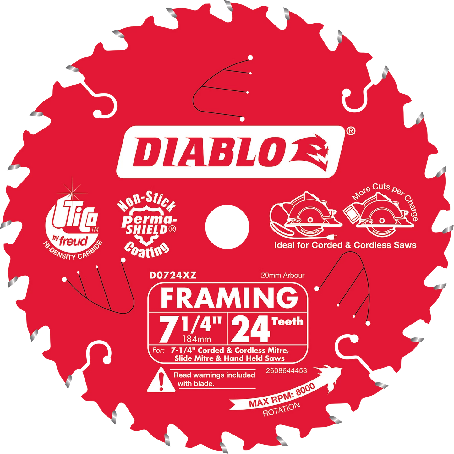 Diablo 184mm 24 Teeth Ultra-Thin Circular Saw Blade, TiCo Carbide, Non-stick Coating