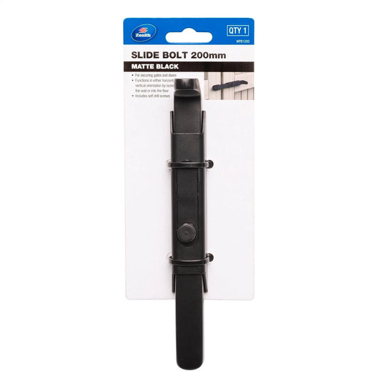 Zenith 200mm Matte Black Slide Bolt - Versatile, Durable, Indoor/Outdoor Use