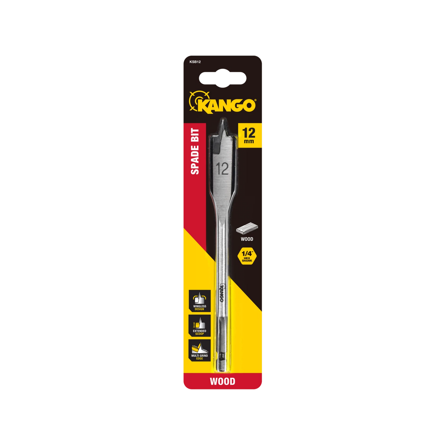 Kango 12mm Spade Bit - Wingless Design, Extended Scoop, Multi Grind Edge, ¼” Hex Shank