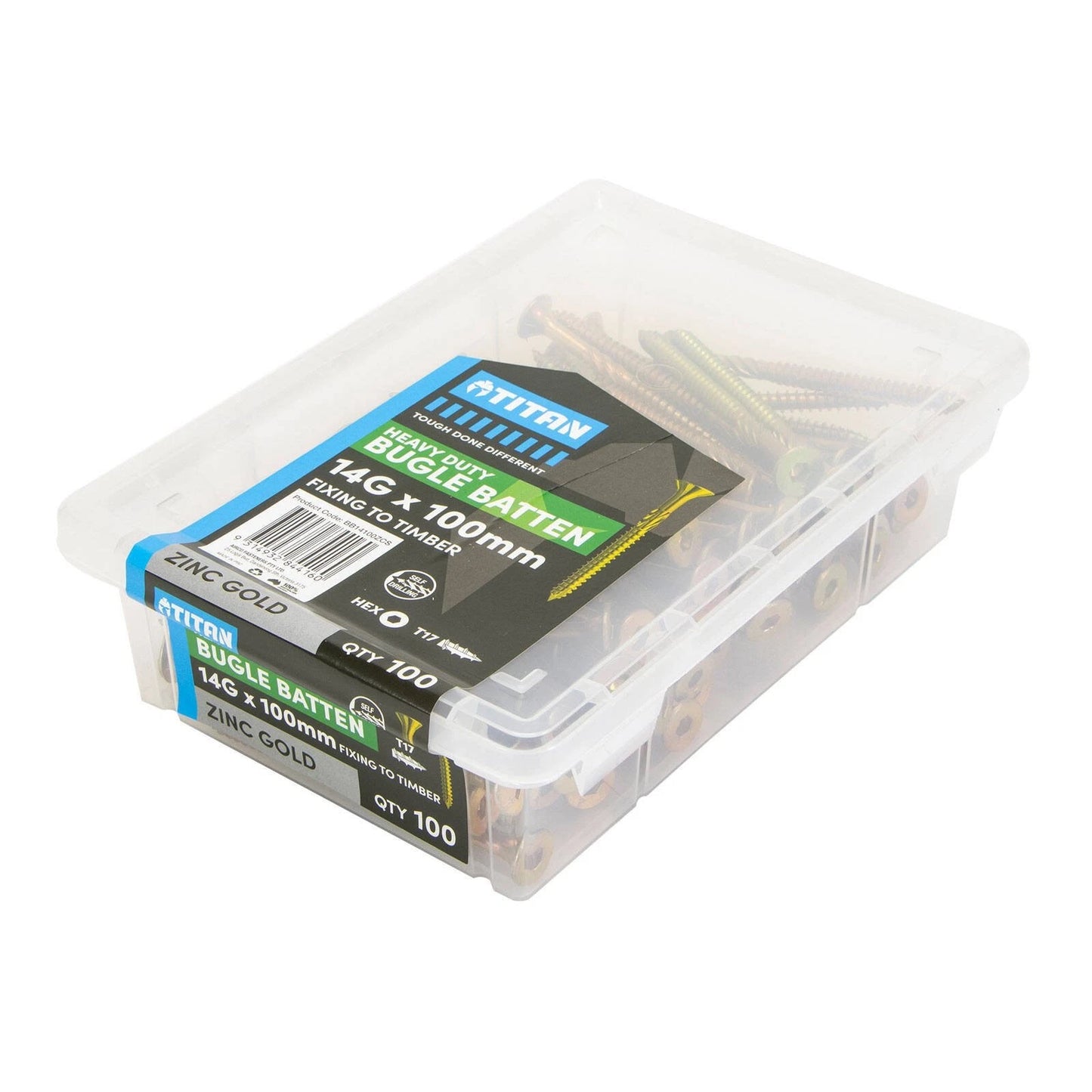 Titan 14G x 100mm Zinc Gold Timber Bugle Batten Screws - 100 Pack, Corrosion Resistant