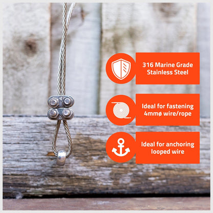 Taskmaster 4mm 316 Stainless Steel Wire Rope Grips - 12 Pack, Marine-Grade, Outdoor Use