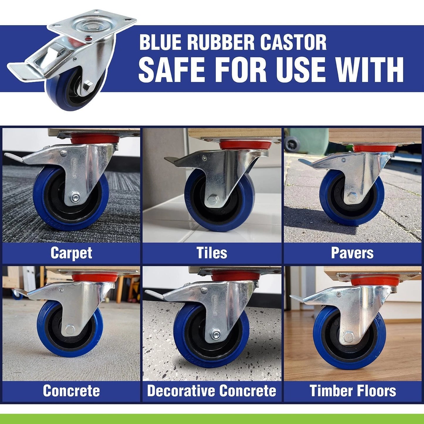 Easyroll 75mm Blue Rubber Fixed Castor, 90kg Load, Non-Marking, Indoor/Outdoor Use
