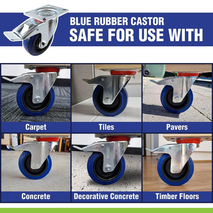 Easyroll 75mm Blue Rubber Fixed Castor, 90kg Load, Non-Marking, Indoor/Outdoor Use