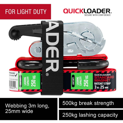 Quickloader 3m 500kg Magnet Tie Down Strap Ratchet, Durable Webbing, Secure S-Hooks