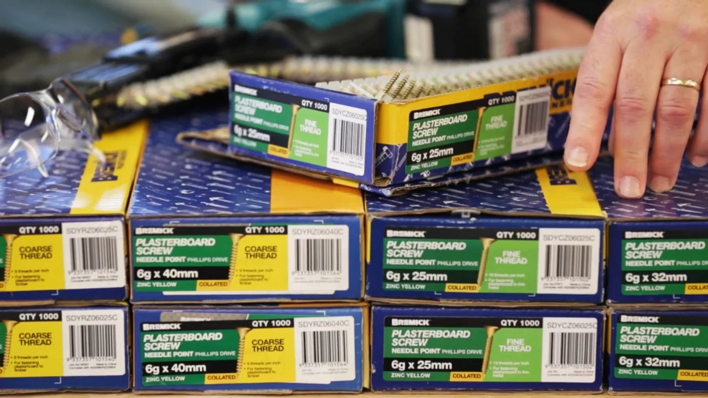 Bremick 6g x 25mm Zinc Yellow Coarse Collated Screws, 1000 Pack, Bugle Head, Needle Point