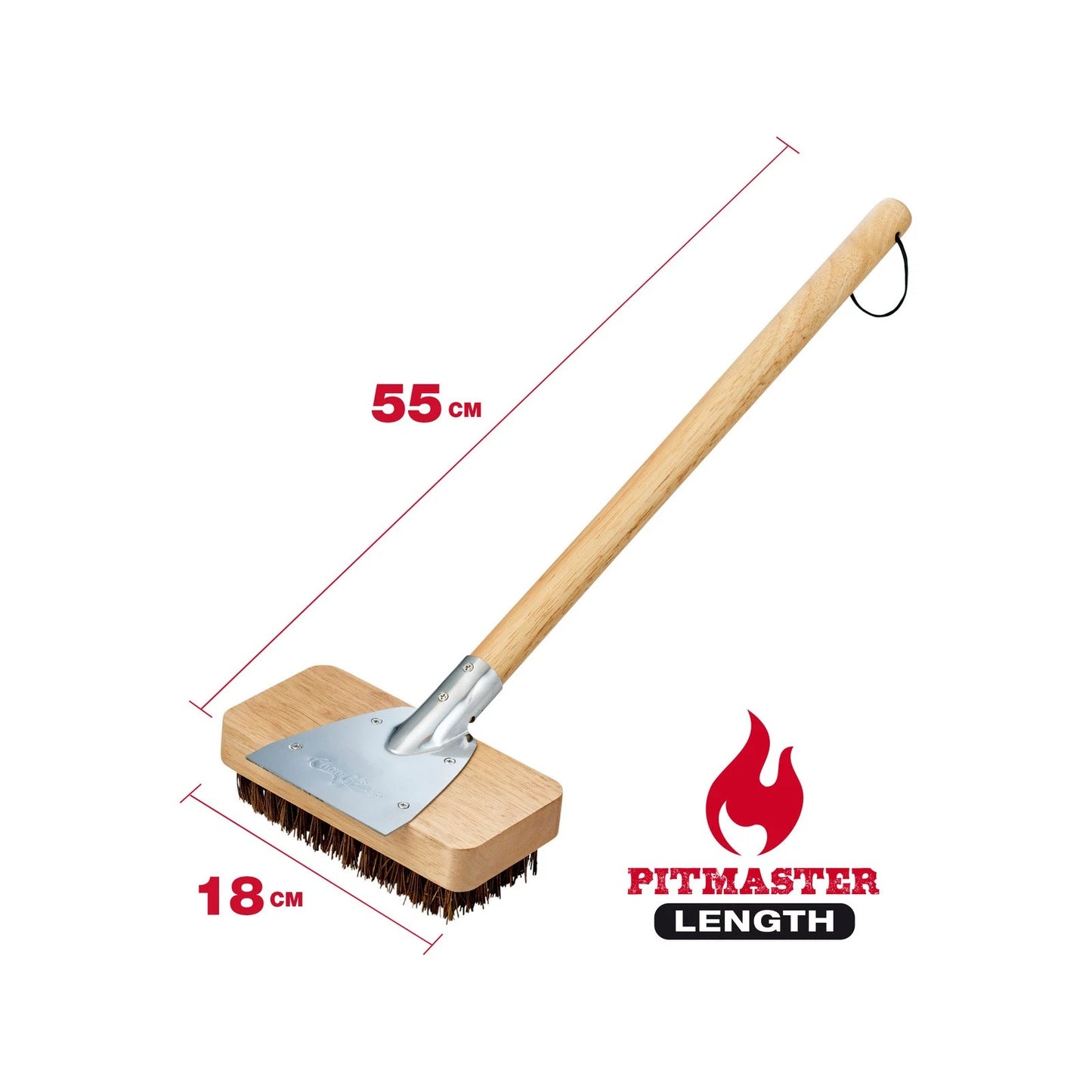 Char-Griller BBQ Pit Brush, 50cm Handle, 18cm Wide Head, Palmyra Bristles, Stainless Steel Scraper