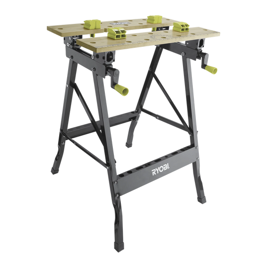 Ryobi Foldable Workbench with Adjustable Angles, Bamboo Surface, Portable Design
