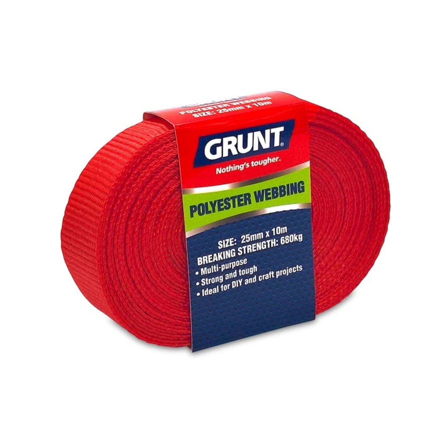 Grunt Red 25mm x 10m Poly Webbing - 680kg Strength, Durable Polyester
