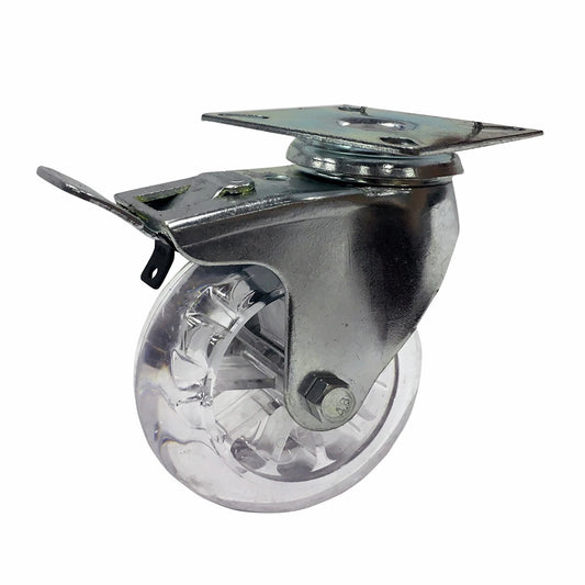 Easyroll 100mm Transparent Swivel Castor with Brake, 90kg Load, Polyurethane Wheel