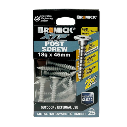 Bremick XTP Galvanized Post Screw 18g x 45mm T40, Washer Head, Pyramid Point, 25 Pack