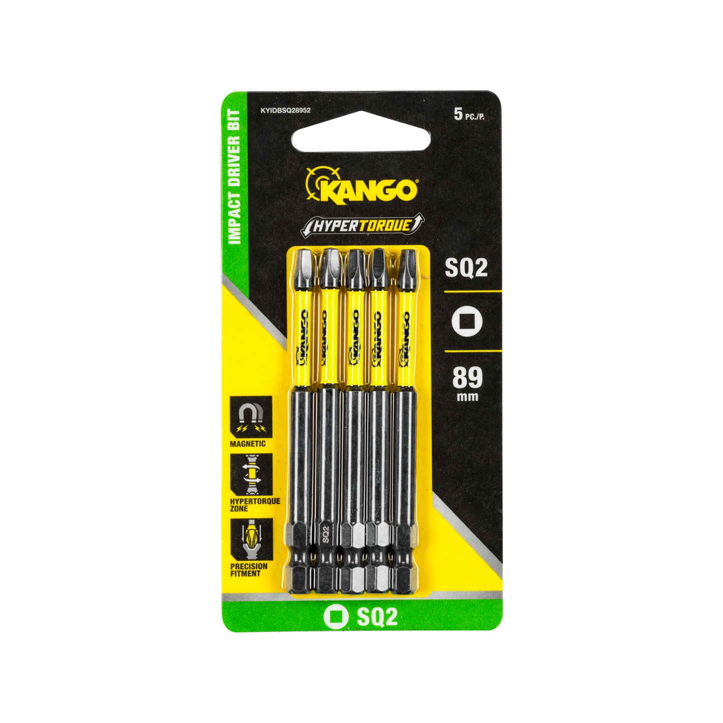 Kango HYPERTORQUE™ 89mm SQ2 Impact Driver Bit 5 Pack, Magnetised Tips, Torsion Zone