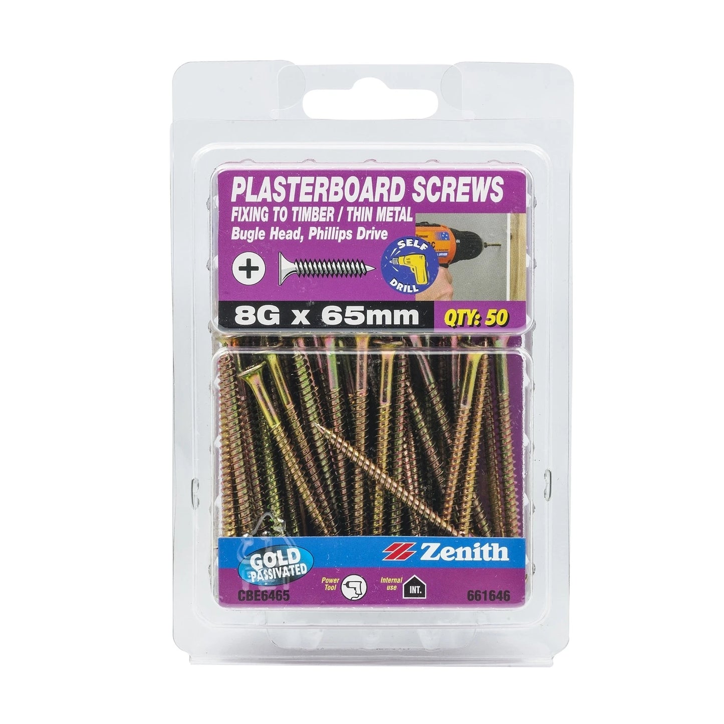 Zenith 8G x 65mm Gold Bugle Head Plasterboard Screws - 50 Pack