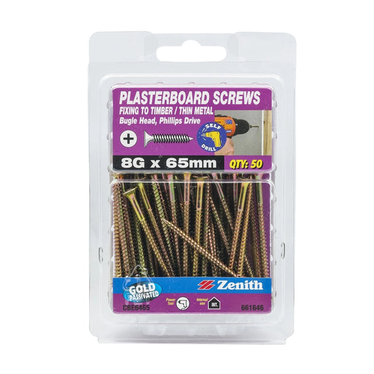 Zenith 8G x 65mm Gold Bugle Head Plasterboard Screws - 50 Pack