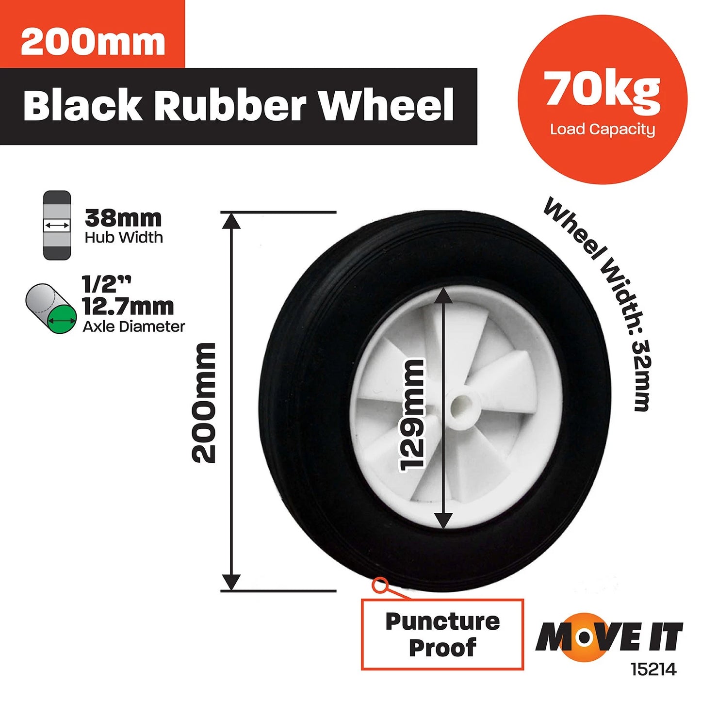 Move It 200mm Black Rubber Tyre with White Plastic Centre for Carts & Trolleys