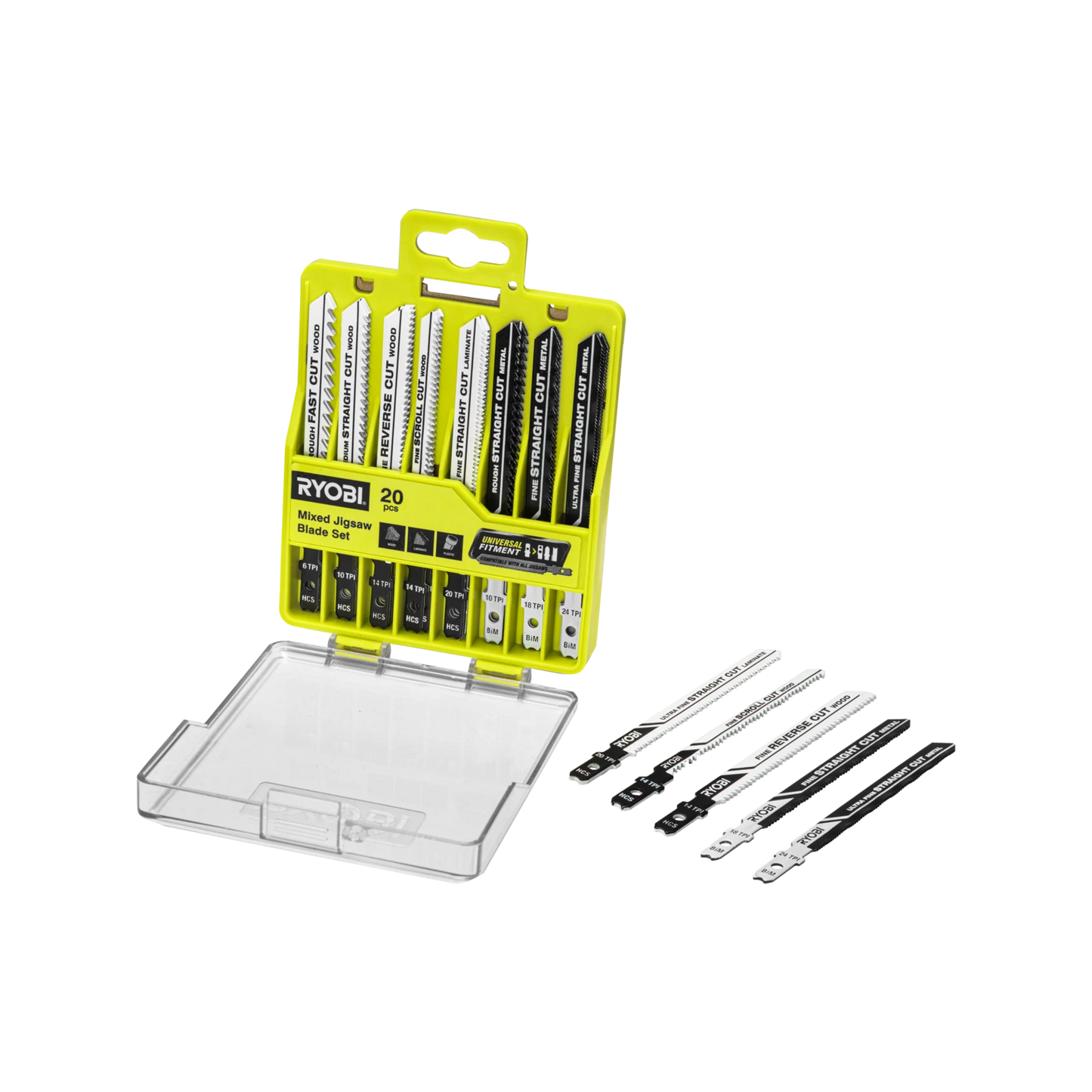 Ryobi 20 Piece Wood & Metal Jigsaw Blade Set, Universal Fit, Bi-Metal & Laminate Blades