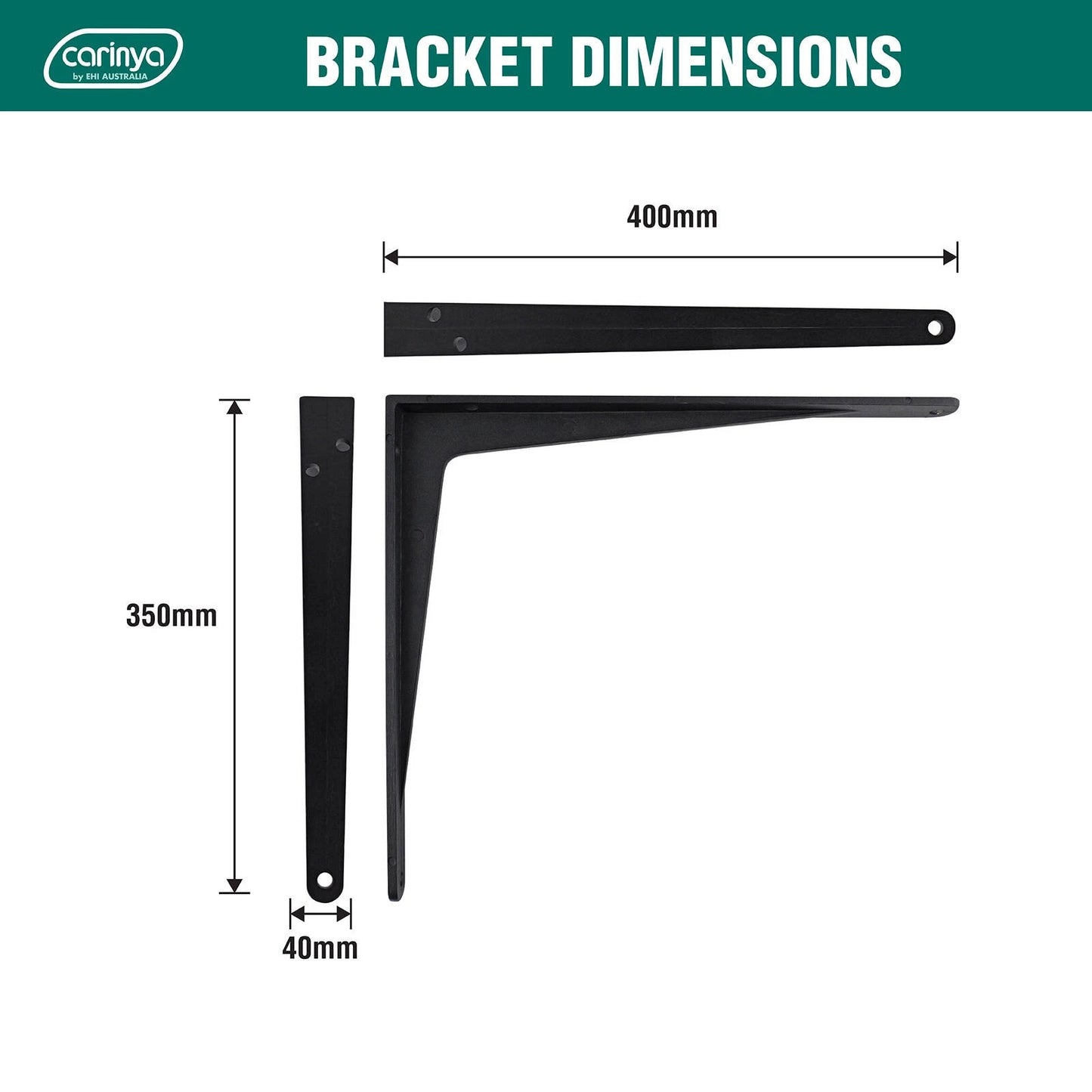 Carinya Black Heavy Duty Cast Aluminium Angle Bracket 400x350mm, 150kg Load Capacity